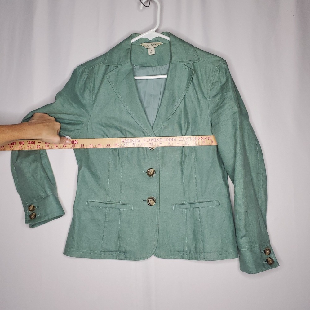 LL Bean Linen Blazer Womens Petite 8P Green Button Collar Pocket Lined Coastal - Picture 5 of 8